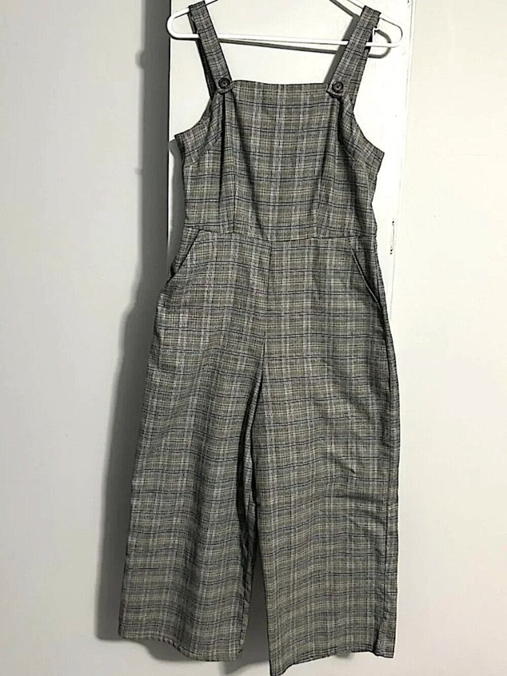 Gypsies & Moondust Gray Plaid Wide Leg Cropped Culotte Jumpsuit Overalls Wmn's M